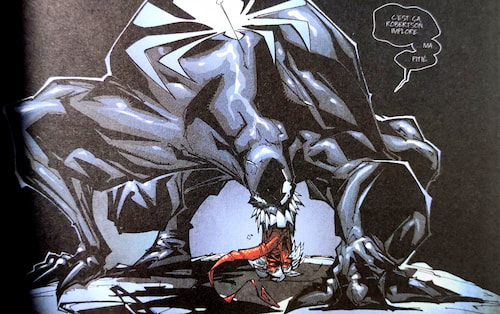 Case de comic-book où l'on voit Venom se tenir sur quatres pattes, d'un air menaçant tandis qu'il dit : 'c'est ça Robertson, implore ma pitié'.