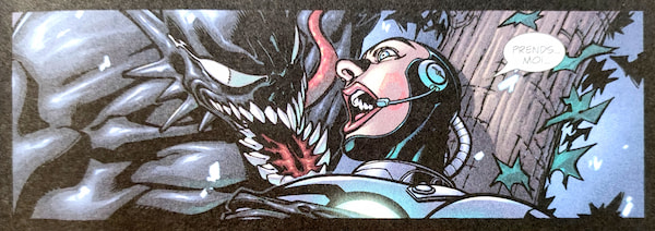 Case de comic-book où l'on voit Venom sur le point de dévorer une jeune femme portant une armure et une cagoule, elle est adossée à un tronc d'arbre.