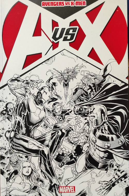 Couverture de comic-book. On peut y voir des super-héros en rang entrain de se battre les uns contre les autres. Le titre est : A vs X.