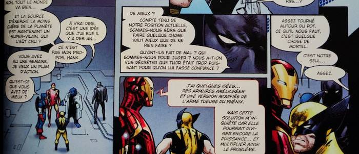 Case du comic-book Avengers VS X-Men. Iron Man, Wolverine, Le Fauve et Black Panther discutent sur ce qu'il faut faire pour contrer les Cinq Phenix.