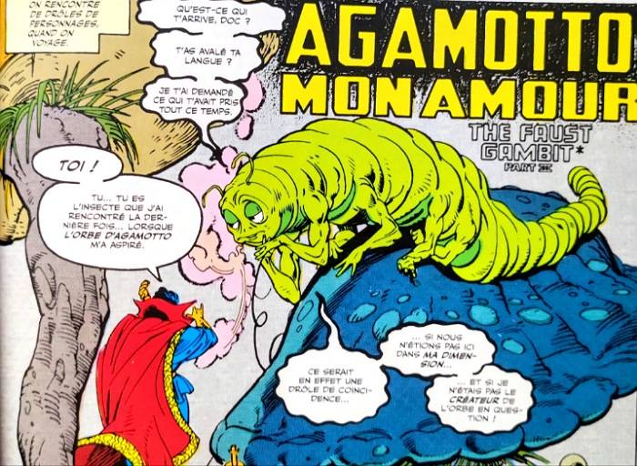 Extrait du comic-book. On y voit le Docteur Strange entrain de parler à une chenille verte et grassouillette, il s'agit de la déité Agamotto.