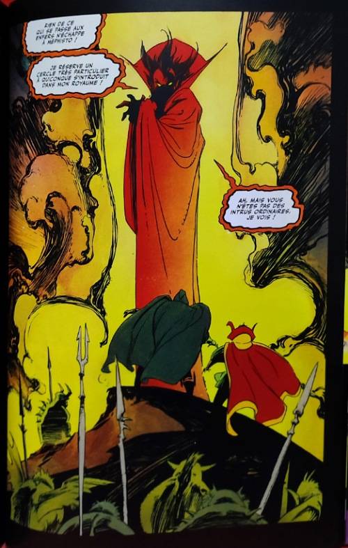 Extrait du comic-book. On y voit le Docteur Strange et le Docteur Fatalis de dos, devant eux se dresse de façon majestueuse et impressionnante, Mephisto, souverain des enfers.