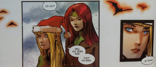 Case de comic-book où l'on peut voir Jean Grey et Illyana Raspoutine parler ensembles. Cette dernière porte un bonnet de père noel.