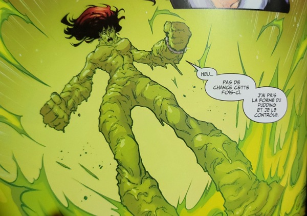 image de comic-book ou Mary-Jane Watson a un corps fait de pudding vert et gluant.