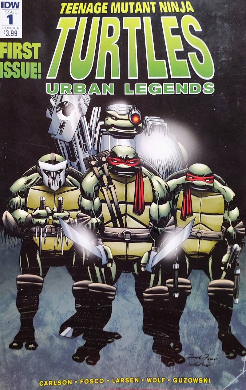 couverture du comic-book teenage mutant ninja turtles : urban legends. On y voit les quatre tortues ninjas ensembles avec un air sinistre et visiblement prêtes à se battre. L'une d'entre elles est un cyborg et une autre porte un masque de hockey.