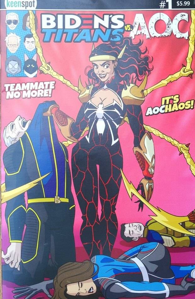 Couverture du comic-book Biden's Titans VS AoC. Une femme en costume de Spider-Woman se tient au milieux d'hommes politiques vaincus.