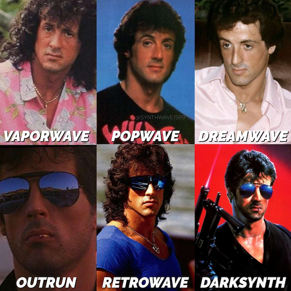 image de charte graphique représentant l'acteur Sylvester Stallone dans différentes tenues pour illustrer les styles de Synthwave.