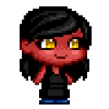 personnage en pixel art de style chibi à leffigie de Paprika. Elle a la peau rouge, les cheveux noirs et les yeux dorés. Elle porte également une robe noire.