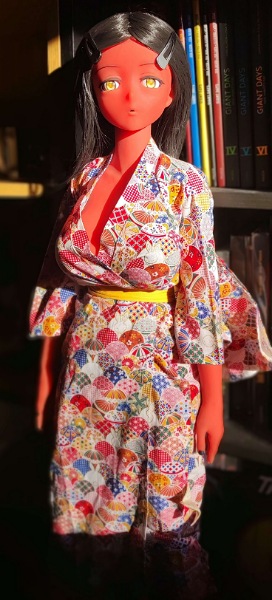 Photo d'une poupée à la peau rouge, aux cheveux noirs et aux yeux dorés. Elle porte un kimono avec un motif floral et regarde le lecteur droit dans les yeux.