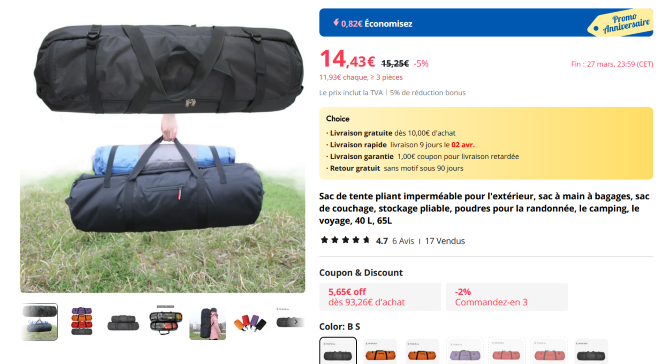 image-lien montrant une page d'achat en ligne aliexpress pour un sac cylindrique.